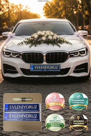 Gelin Arabası Düğün Evleniyoruz Yazılı Renkli Gelin Arabası Plakalığı Düğün Araç Süsü 2 Adet Çok Renkli