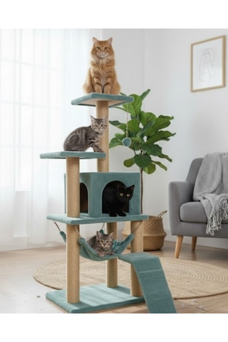 Reyo Pet B-07 Hamaklı Yuvalı Lüx Kedi Tırmalama Oyun Evi Turkuaz