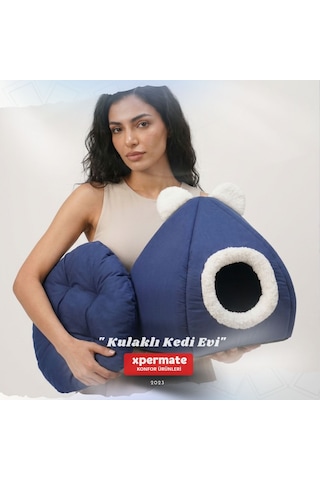 Kedi Evi Yumuşak Kedi Yatağı Kedi Yuvası Çıkarılabilir Minderli Lacivert