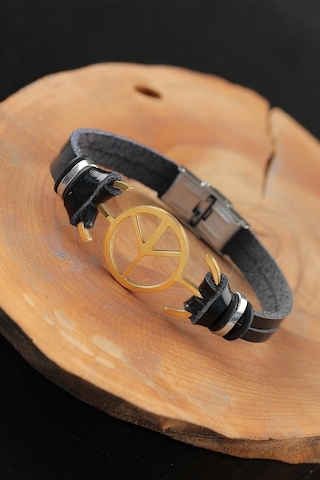 Gold Renk Barış Figürlü Metal Aksesuarlı Siyah Renk Deri Erkek Bi Çok Renkli