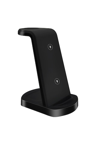 Honmex Siyah 15w Üçlü Kablosuz Şarj Cihazı - Telefon Ayaklı Tutucu, Saat Ve Kulaklık Şarj Edici