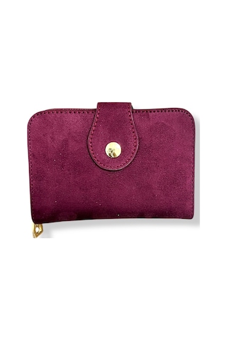Me-vo Kadın Süet Mini Cüzdan, Fermuarlı, Bordo, 8 Kartlık, Metal Düğmeli Bordo