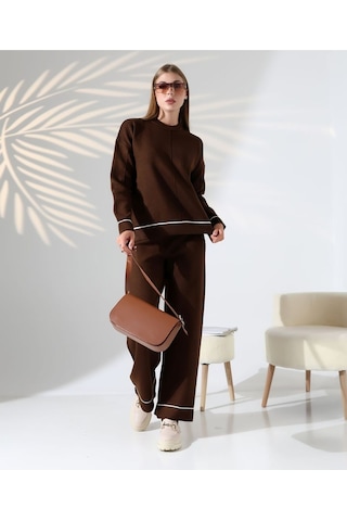 Kontrast Dikişli Kadın Triko Takım Kahverengi