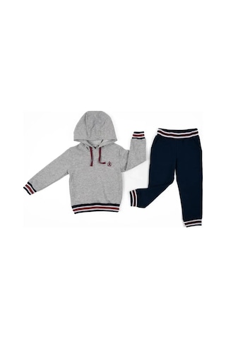 Adisia Unisex Bebek Gri Lacivert Kapüşonlu Mevsimlik Pamuklu Eşofman Takımı Gri