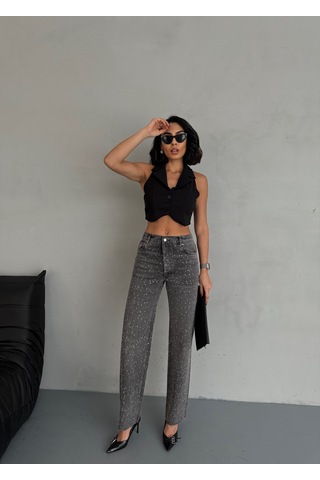 Kadın Taşlı Premium Gri Kot Pantolon Gri