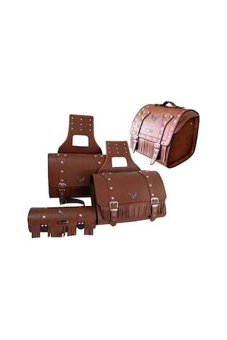 Motosiklet 4'lü Set Takım Deri Yan Heybe Sosis Ve Arka Çanta Chopper Model Motor Çantası Kahverengi Renkli