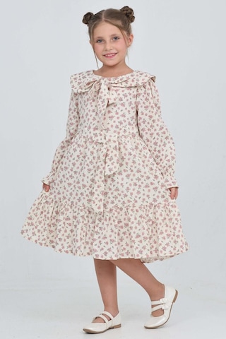 Kız Çocuk Fiyonk Yakalı Bel Kuşaklı Çiçek Desenli Kloş Etekli Elbise 12301 Gülkurusu