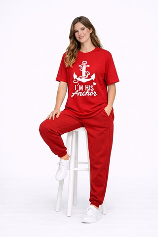 Sevgili Kombini Oversize Çift Tişört Unisex Captain Anchor Baskıl Kırmızı