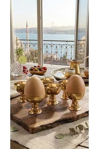 6'lı Gold Renk Metal Yumurtalık Seti- Şık Kahvaltı Sunumluk Yumurtalık- Yumurta Kabı Altın