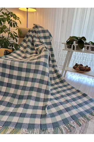 Skoç Battaniye Tek Kişilik Petek Dokulu Yeşil-beyaz Battaniye