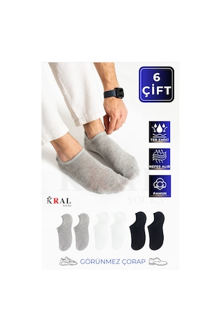 Kral Socks Pamuklu Terletmez Unisex Sneaker Çorap 6 Çift - Beyaz - Gri - Siyah
