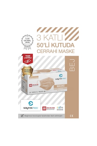 Saytekmed Meltblown Filtreli Yassı İpli 3 Katlı Bej Maske 1 Kutu 50 Adet