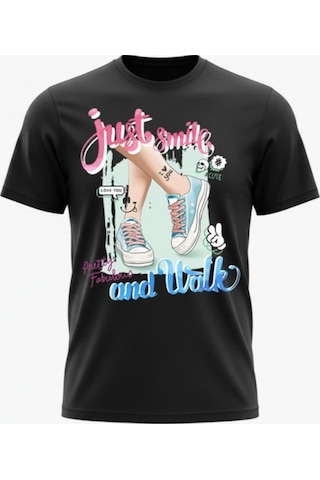 Urbantrendstore Just Smile And Walk Genç Kız Oversize Fit Rahat Geniş Salaş T-shirt Günlük Tişört Siyah