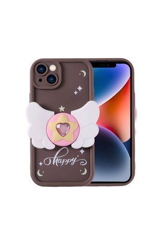 Apple Uyumlu iPhone 14 Kılıf Kamera Korumalı Figür Tasarımlı Zore Kapya Kapak Koyu Kahve