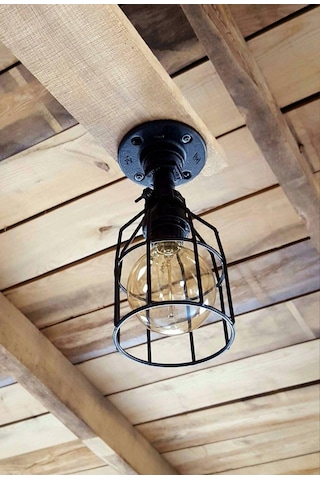 Endüstriyel Malzeme Demir Boru Sarı Ampulden, Rustik Tavan Avize Siyah