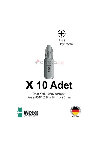 Alveta Wera 851/1 Z Ph1 X 25mm Tornavida Ucu 10 Adet Yıldız Vidalama Bits Seti Profesyonel Seri