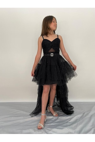 Butikhappykids Kız Askılı Siyah Önü Kısa Arkası Uzun Pırıltılı Tüllü Abiye 9-14 Yaş Siyah