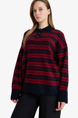 Defacto Loose Fit Polo Yaka Çizgili Triko Kazak Tunik G7240ax25cwnv207 Lacivert-nv207