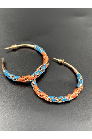 Çelik Yuvarlak Halka Mavi Turuncu Örgü Model Günlük Abiye Rose Gold Küpe