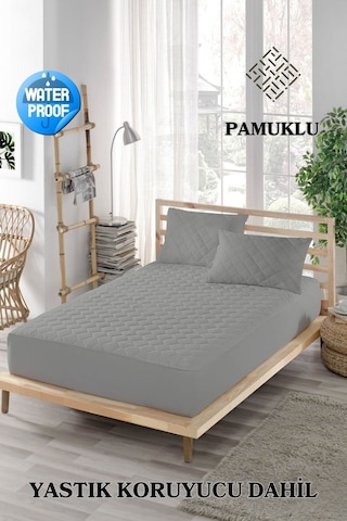 Mona Verde Renkli Sıvı Geçirmez Lastikli Çift Kişilik Çarşaf Yastık Alezi (Toplam 3 Parça) %100 Pamuk Kapitoneli MNVCKAPFIT00 Gri ÇK