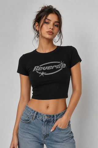 Bozzbozzcollection Kadın Reverse Taş Baskılı Crop Siyah