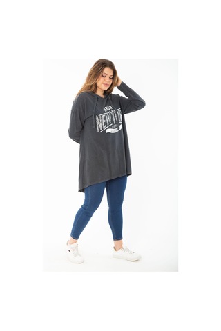 Kadın Büyük Beden Füme Payet ve Baskı Detaylı Kapşonlu Arkası Uzun Sweatshirt 65n37433-füme Füme