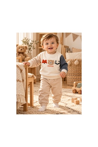 Omeca Concept Hayvan Figürlü Erkek Bebek 2 Li Sweatshirt Eşofman Takımı Bej