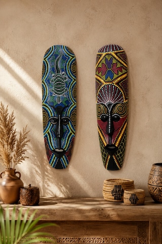 Ahşap Otantik 2 Li Maske Set Duvar Süsü 50cm Kabile Maskeler Duvar Dekoru