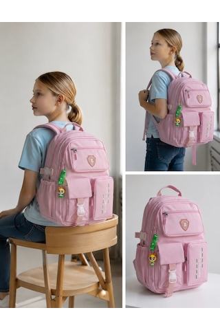 Açık Pembe Kore Model Çok Bölmeli Suya Dayanıklı Okul Çantası Yerli Üretim