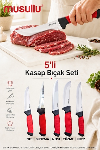 Musullu 5'li Profesyonel Kasap Bıçak Seti Siyah - Kırmızı