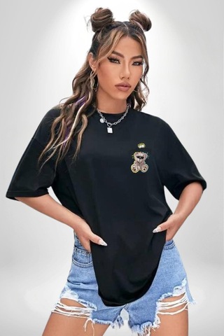 Gerçeklikten Uzak Tutun Siyah Oversize Unisex Ön Sol Yan Minimal Baskılı Tişört Koyu Siyah
