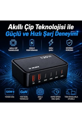 120w Gan Şarj İstasyonu 5 Portlu Hızlı Şarj Adaptörü Pd30w Qc18w Smart Chip Teknolojili Usb-a Usb-c Çoklu Şarj