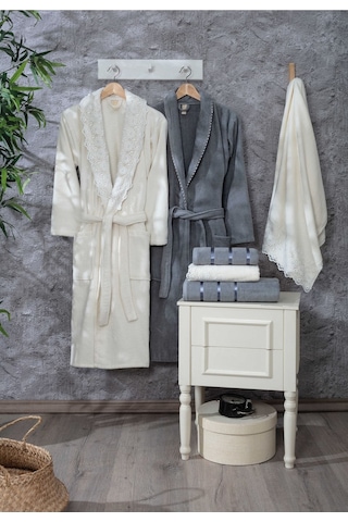 Güvenal Paris 12 Parça Kadife Güpürlü Bornoz Seti Bornoz Bornoz Takımı Çeyiz Seti 6 Çok Renkli