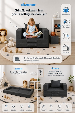 Cozygo Katlanabilir Çocuk Koltuğu Ve Yatağı 3 Ü 1 Arada Antislip Tabanlı Taşınabilir Oyun Alanı Siyah