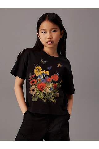 Uyguntarz Çocuk Çiçekler Baskılı Pamuklu Tshirt Siyah