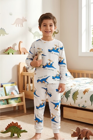 Bunny Hopp Erkek Çocuk Dinozor Desenli Pijama Takımı %100 Pamuk Beyaz Uzun Kollu Ev Giyimi