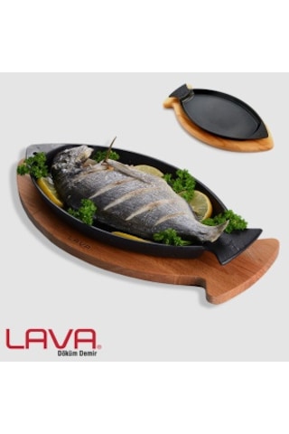 Lava Döküm Kayın Servis Ahşap Altlıklı Balık Tabağı 20x32 Cm.