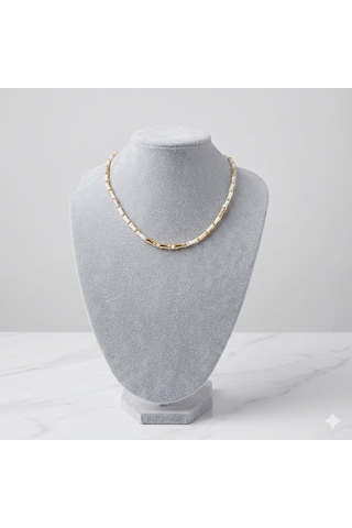 Rhea Modern Minimal Bamboo Form Beyaz Taş Detaylı Gold Kolye Altın - Beyaz