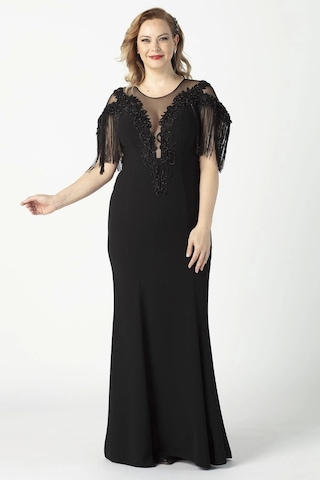 Moda Berray 80099 Işlemeli Püsküllü Büyük Beden Uzun Abiye Siyah Siyah