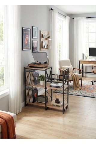 Çok Amaçlı Ahşap Metal Raflı Plaklık Stand Kitaplık, Çiçeklik Ve Dekoratif Raf Ünitesi 90x90x40 Cm Siyah