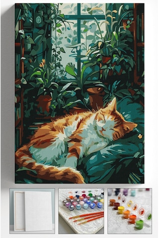 Sayılarla Boyama Tuval Seti Fırça Boya Dahil Çıtalı 40x50 Cm - Uyuyan Kedi