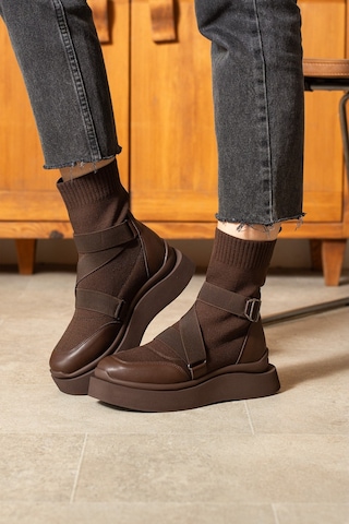 Dabab Shoes Katiana Kadın Kahve Lastik Detaylı Rahat Kalın Taban Triko Spor Bot Kahverengi