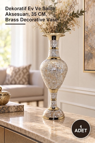 1 Adet Pirinç Sedefli Vazo Dekoratif Ev Ve Salon Aksesuarı, 35 Cm, Brass Decorative Vase Nar