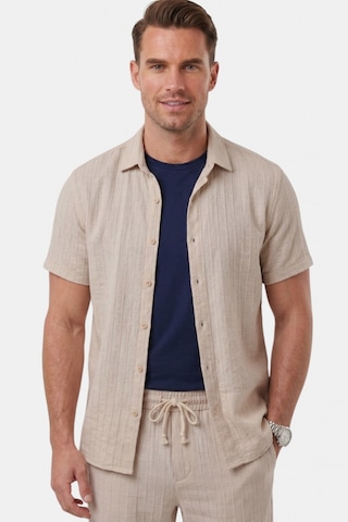 Deep Sea Deepsea Bej Slim Fit Çizgi Dokulu Keten Görünümlü Kısa Kol Erkek Spor Gömlek 2602648