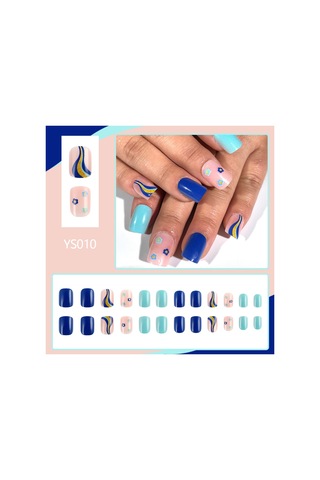 Kısa Çiçek Çizgileri Parlak Tırnaklar Renkli Çizgiler Pembe Ve Mavi Renk Uyumlu Basit Günlük Manikür 24 Adet Sahte Tırnak Dahil Araçlarys010