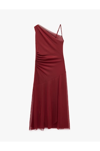 Koton Slim Fit İnce Askılı Tek Omuz Asimetrik Kesim Fularlı Tül Midi Elbise Mor 7wak80074uk