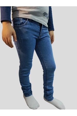 Erkek Çocuk Denim Füme Tırtıklı Ligralı Kot Pantolon Füme