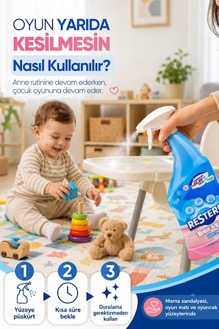 Çok Amaçlı Bebek Yüzey Temizleyici Dezenfektan Sprey Durulanmayan Oyuncak Mama Sandalyesi Oyun Matı Hijyen Spreyi Baby Set Kids 750ml + 5Lt