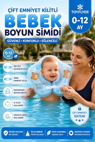 Bebek Boyun Simidi Ayıcık Figürlü Şeffaf Çift Emniyet Kilitli Mavi Nr001