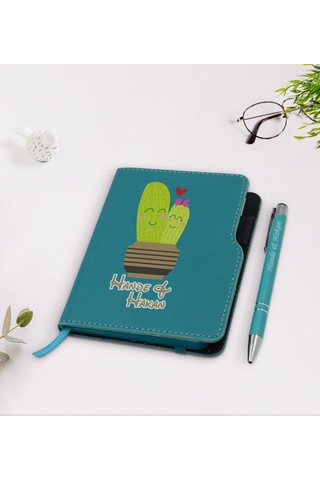 Kişiye Özel Kaktüs Tasarımlı Turkuaz Termo Deri Defter Kalem Seti N11.2142